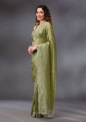 Mehendi Tussar Silk Swarovski Work Saree with Unstitched Blouse Piece 4