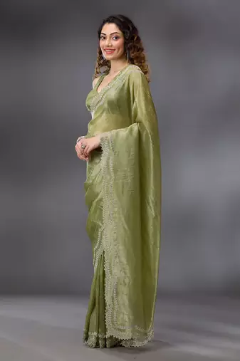 Trendmalls Mehendi Tussar Silk Swarovski Work Saree with Unstitched Blouse Piece