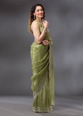 Mehendi Tussar Silk Swarovski Work Saree with Unstitched Blouse Piece 5