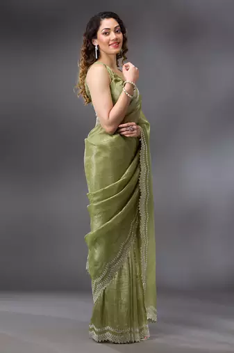 Trendmalls Mehendi Tussar Silk Swarovski Work Saree with Unstitched Blouse Piece