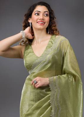 Mehendi Tussar Silk Swarovski Work Saree with Unstitched Blouse Piece 6