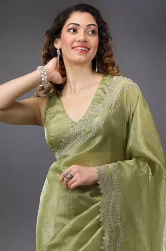 Trendmalls Mehendi Tussar Silk Swarovski Work Saree with Unstitched Blouse Piece