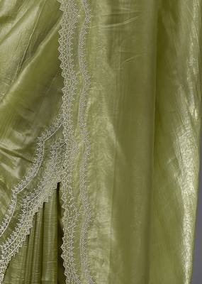 Mehendi Tussar Silk Swarovski Work Saree with Unstitched Blouse Piece 7