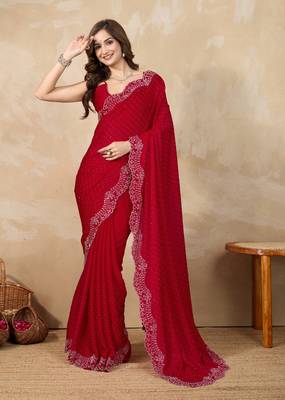 Trendmalls Satin Swarovski Work Saree with Unstitch Blouse 1