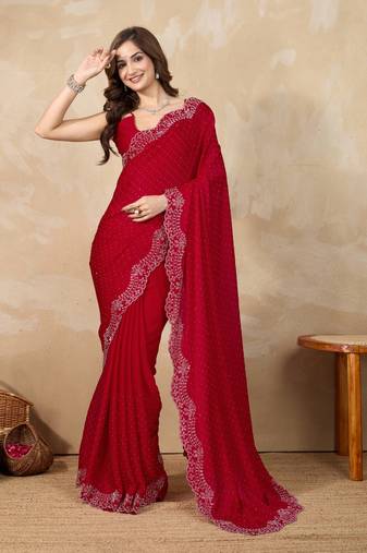 Satin Swarovski Work Saree with Unstitch Blouse