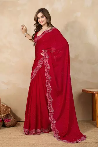 Trendmalls Satin Swarovski Work Saree with Unstitch Blouse