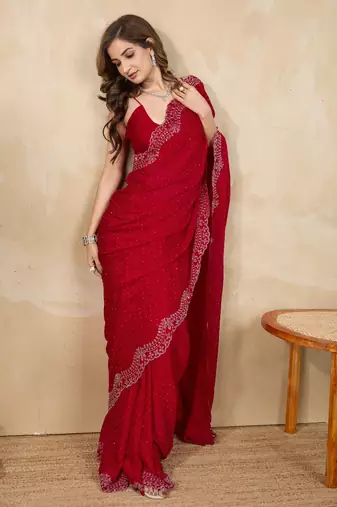 Trendmalls Satin Swarovski Work Saree with Unstitch Blouse