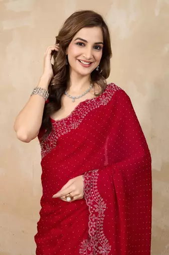 Trendmalls Satin Swarovski Work Saree with Unstitch Blouse