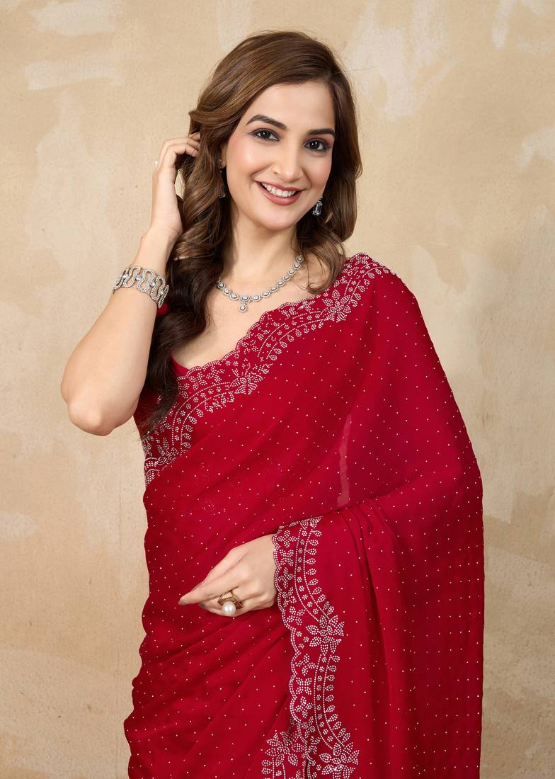 Satin Swarovski Work Saree with Unstitch Blouse