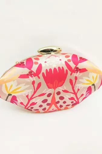 Women's floral satin oval shape clutch bag with gold clasp hand bag