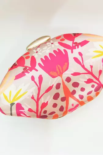 Women's floral satin oval shape clutch bag with gold clasp hand bag