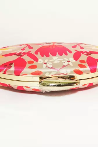 Women's floral satin oval shape clutch bag with gold clasp hand bag