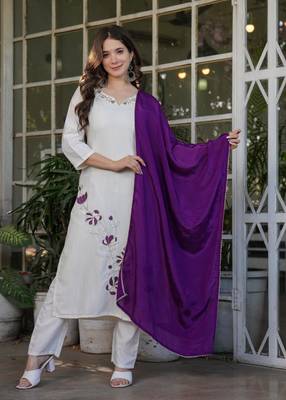 Beautiful Thread Work Viscose Rayon Straight Kurta Pant and Dupatta Set 1