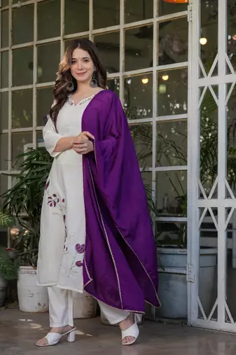 Beautiful Thread Work Viscose Rayon Straight Kurta Pant and Dupatta Set