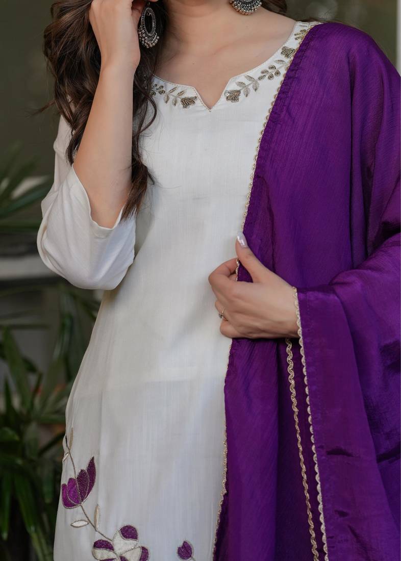 Beautiful Thread Work Viscose Rayon Fabric Straight Kurta, Pant and Dupatta Set