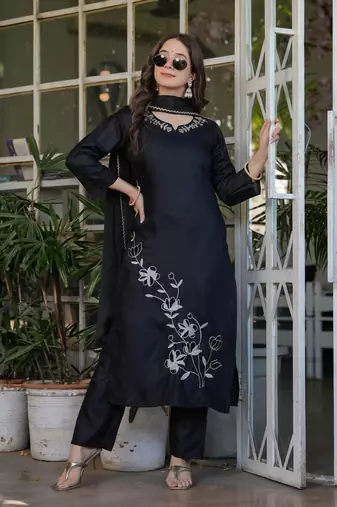 Beautiful Thread Work Viscose Rayon Straight Kurta Pant and Dupatta Set