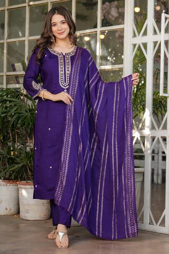 Beautiful Embroidered Viscose Chanderi Fabric Straight Kurta, Pant and Dupatta Set