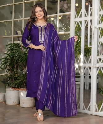Beautiful Embroidered Viscose Chanderi Straight Kurta Pant and Dupatta Set 1
