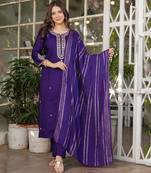 Beautiful Embroidered Viscose Chanderi Fabric Straight Kurta, Pant and Dupatta Set