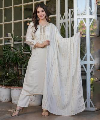 Beautiful Embroidered Viscose Chanderi Straight Kurta Pant and Dupatta Set 1