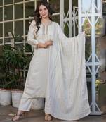 Beautiful Embroidered Viscose Chanderi Fabric Straight Kurta, Pant and Dupatta Set