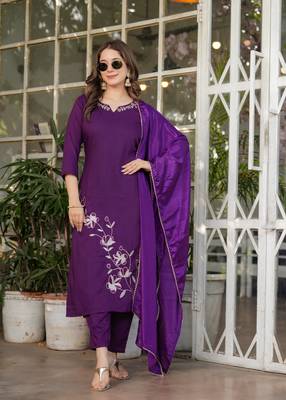 Beautiful Thread Work Viscose Rayon Straight Kurta Pant and Dupatta Set 1