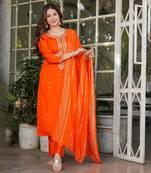 Beautiful Embroidered Viscose Chanderi Fabric Straight Kurta, Pant and Dupatta Set