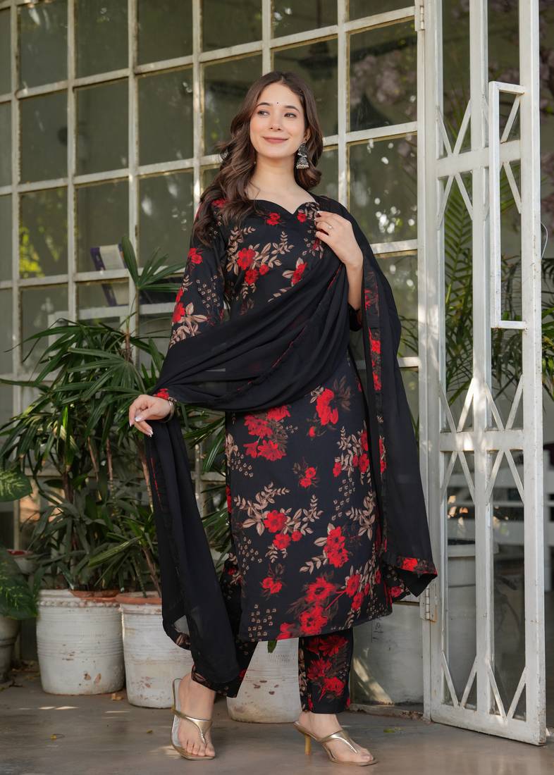 Women's Printed Silk Blend Fabric Straight Kurta, Pant and Dupatta Set