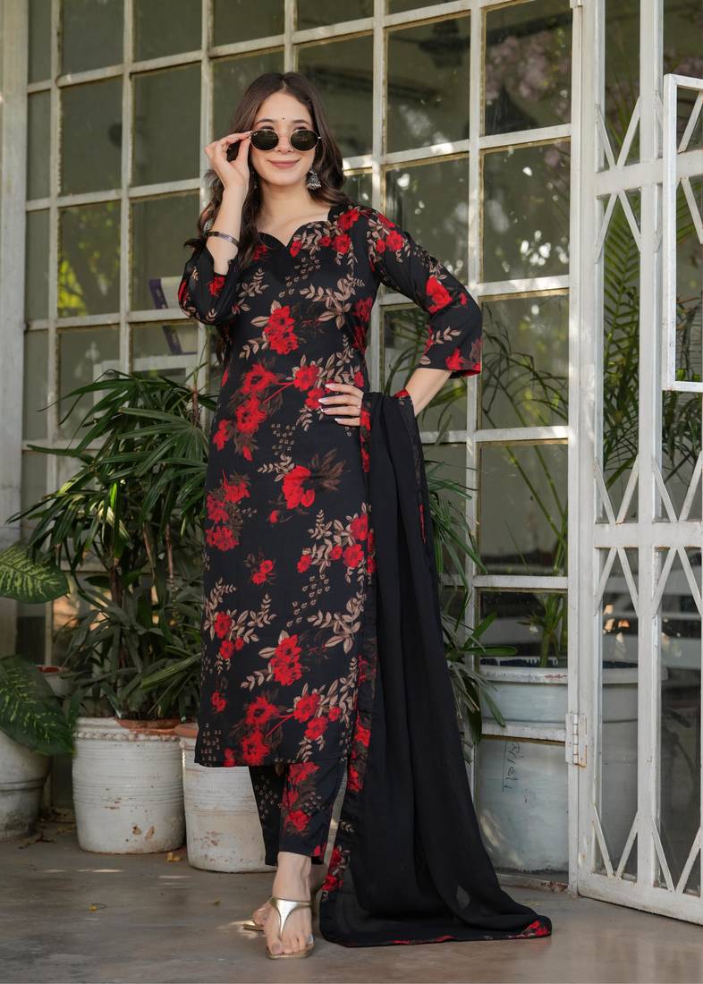 Women's Printed Silk Blend Fabric Straight Kurta, Pant and Dupatta Set