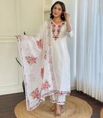 Thread work on Viscose Straight Kurta, Pant and Dupatta Set