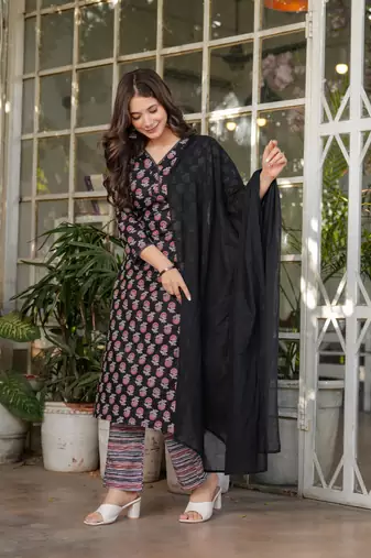 Women's Printed Pure Cotton Straight Kurta Pant and Dupatta Set