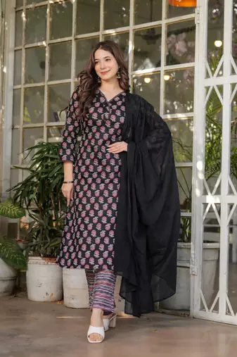 Women's Printed Pure Cotton Straight Kurta Pant and Dupatta Set