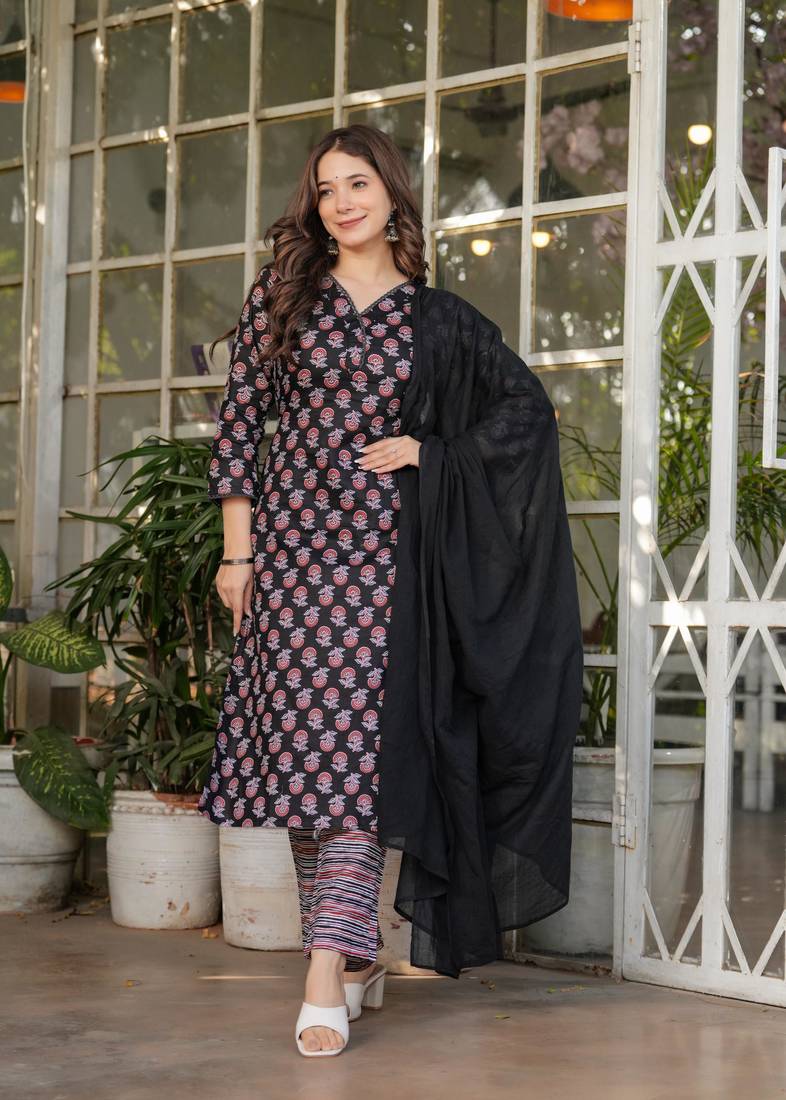 Women's Printed Pure Cotton Fabric Straight Kurta, Pant and Dupatta Set