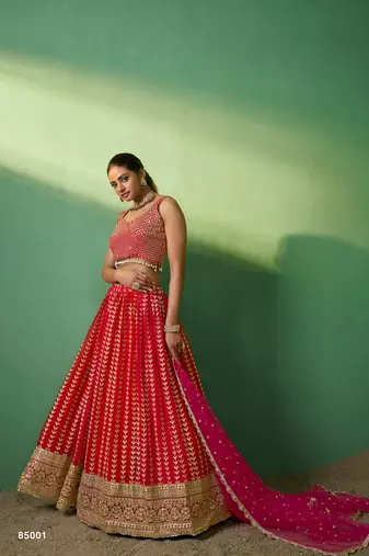 red Georgette Embroidered Lehenga Choli with Dupatta
