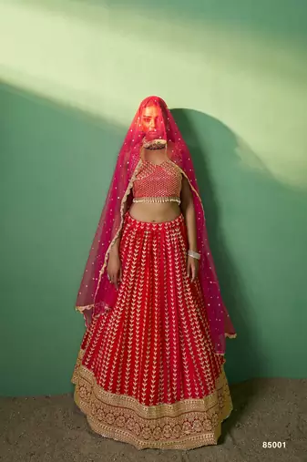 red Georgette Embroidered Lehenga Choli with Dupatta