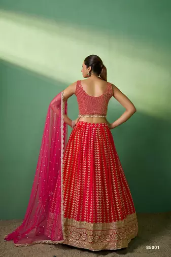 red Georgette Embroidered Lehenga Choli with Dupatta