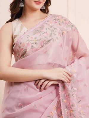 baby pink motifs embroidered organza saree 2
