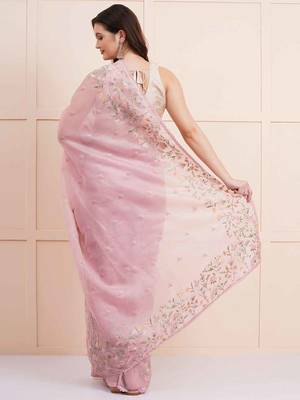 baby pink motifs embroidered organza saree 3