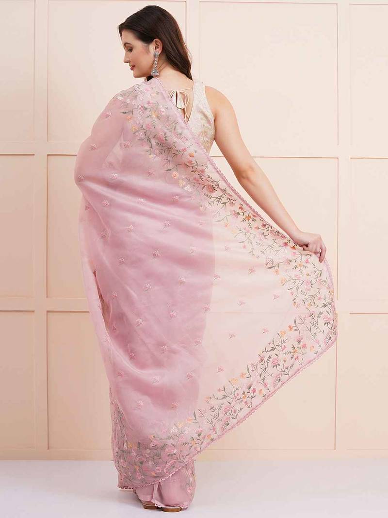 baby pink motifs embroidered organza saree