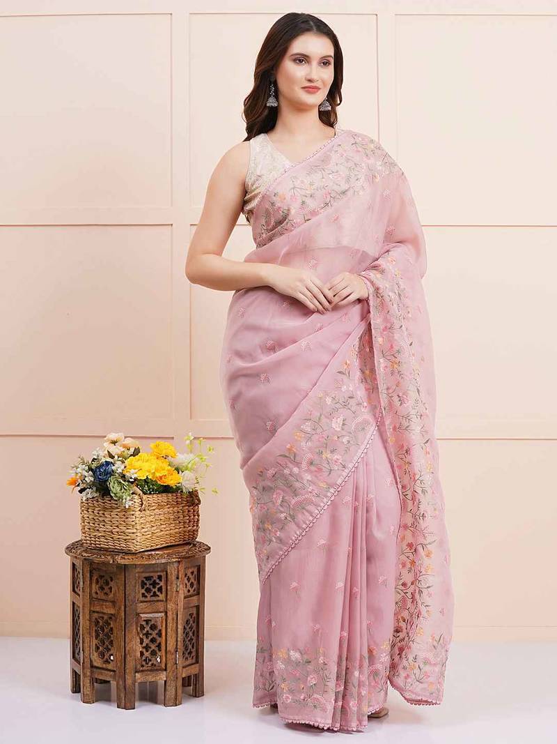 baby pink motifs embroidered organza saree
