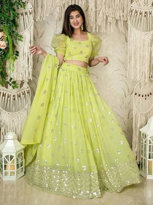 Yellow sequins georgette wedding wear lehenga choli 1