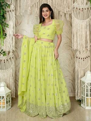 Yellow sequins georgette wedding wear lehenga choli 4