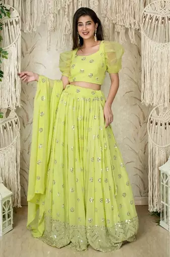 Yellow sequins georgette wedding wear lehenga choli