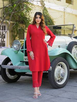 Divena red solid print cotton fabric  shirt kurta with trouser 1