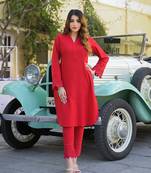 Divena red solid print cotton fabric  shirt kurta with trouser