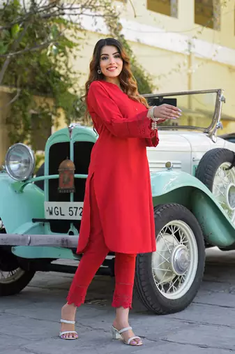 Divena red solid print cotton fabric  shirt kurta with trouser