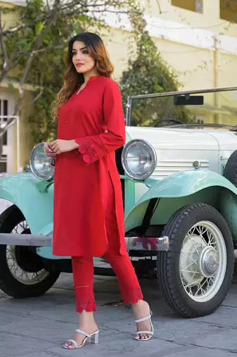 Divena red solid print cotton fabric  shirt kurta with trouser
