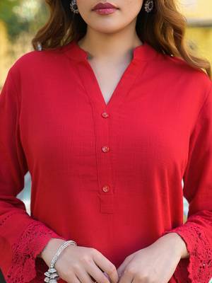 Divena red solid print cotton fabric  shirt kurta with trouser 5