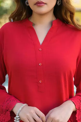 Divena red solid print cotton fabric  shirt kurta with trouser