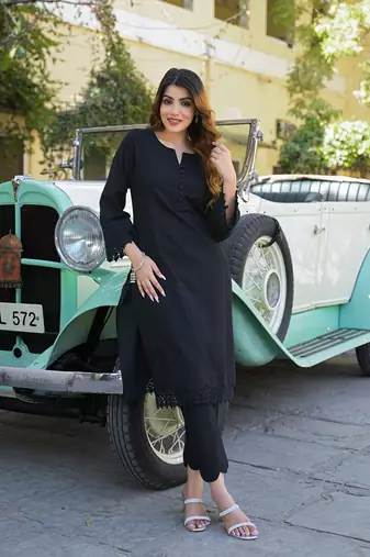 Divena black solid print cotton fabric  shirt kurta with trouser